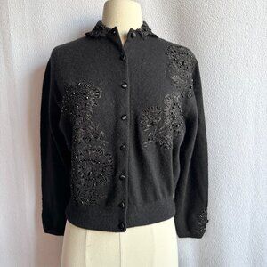 1950s Black Cashmere Beaded Cardigan Sweater